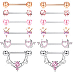 Heart & Moon 6 Pair Nipple Barbells 14G CZ Set