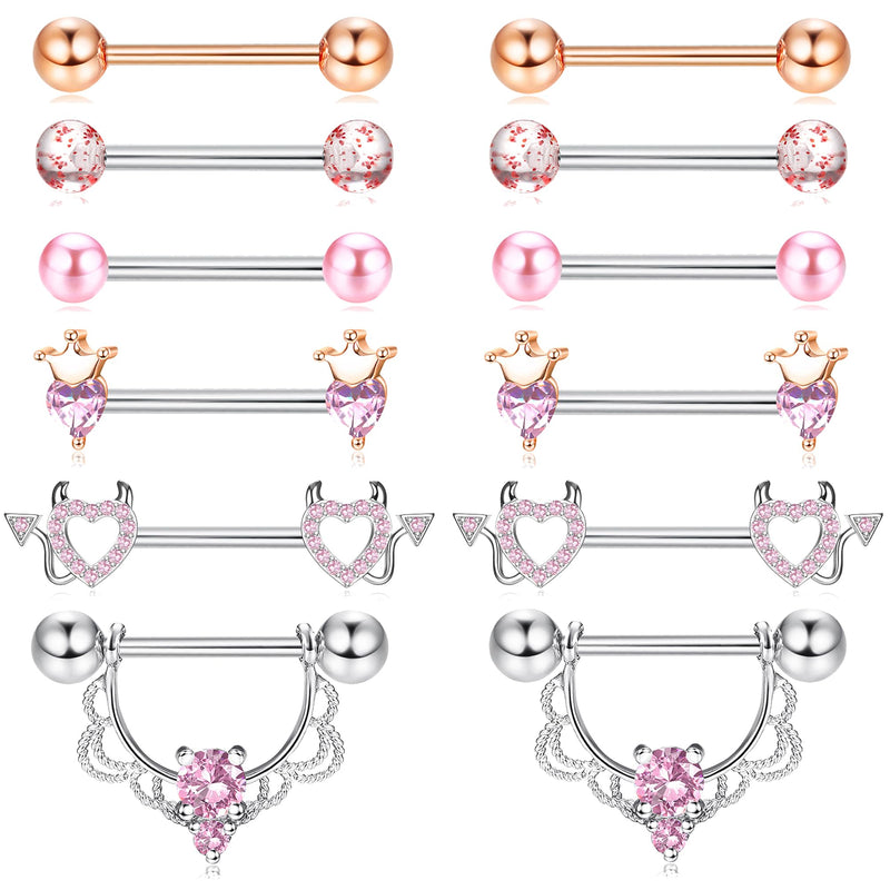 Heart & Moon 6 Pair Nipple Barbells 14G CZ Set